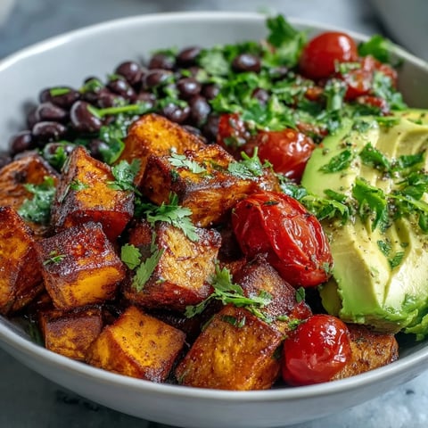 Roasted sweet potatoes and black beans in a bowl with creamy avocado and fresh salsa, drizzled with zesty lime dressing.