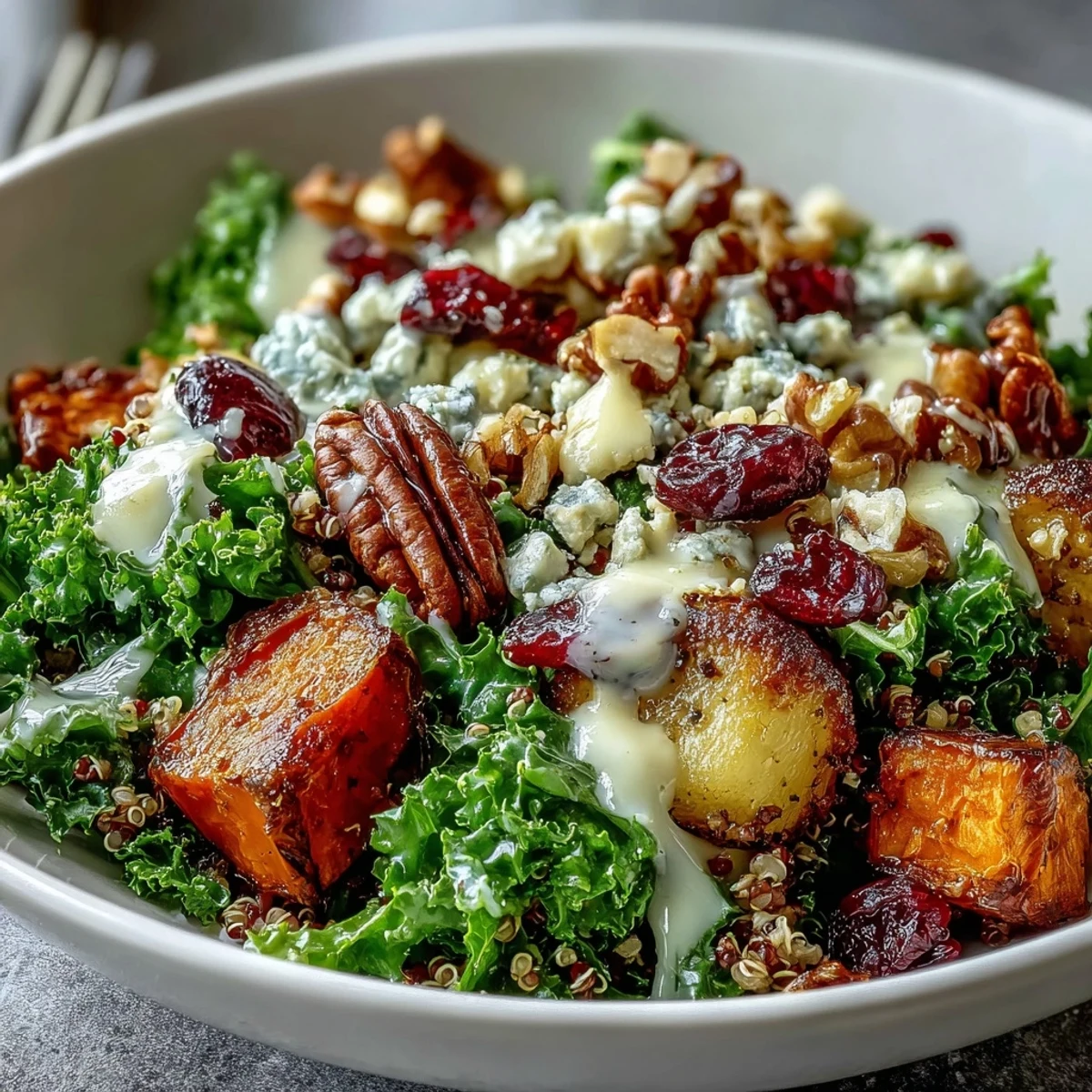 Roasted sweet potatoes and fluffed quinoa in a hearty Harvest Kale Quinoa Bowl, drizzled with creamy tahini dressing.