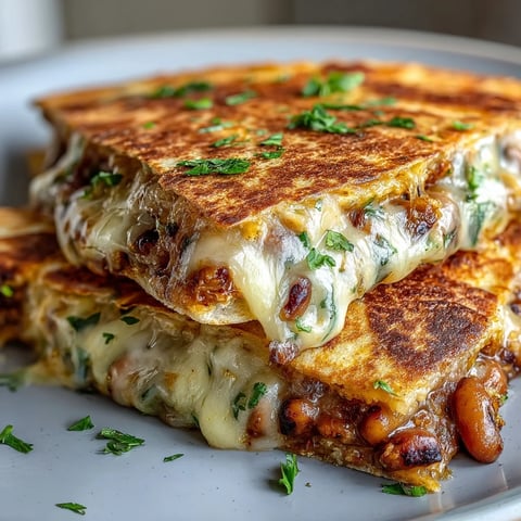 Golden-brown Black-Eyed Pea Quesadilla wedges on a plate with lime wedges, melted cheese, and a side of salsa.