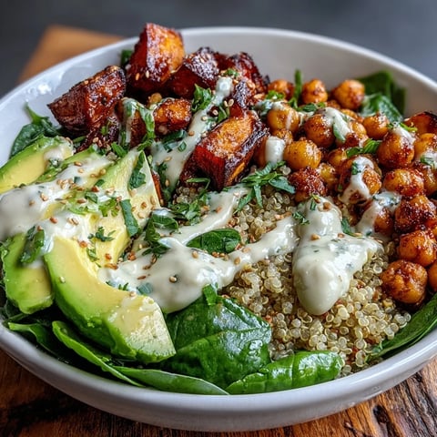 Roasted sweet potatoes and crispy turmeric chickpeas top fluffy quinoa in the Anti-Inflammatory Glow Bowl with Tahini Yogurt, drizzled with creamy sauce.