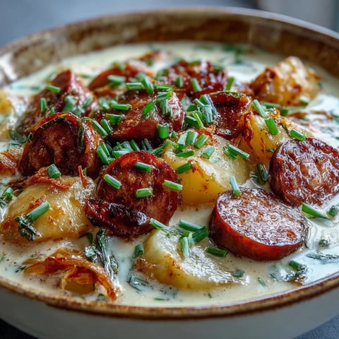 Steaming bowl of Creamy Cajun Potato Soup with Andouille Sausage, topped with fresh green onions for a spicy kick.