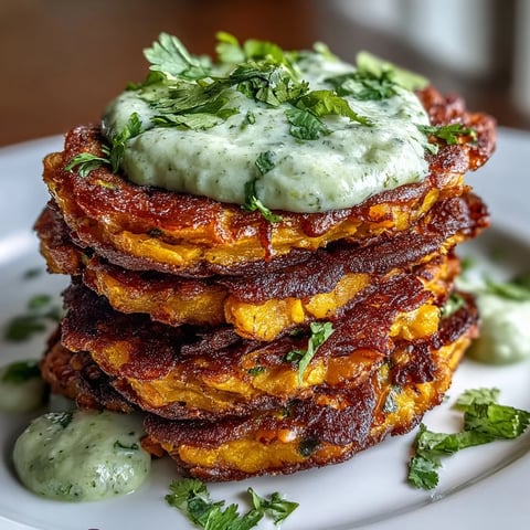 Golden-brown Crispy Sweet Potato & Red Lentil Patties are pan-seared and served with creamy avocado cilantro sauce.