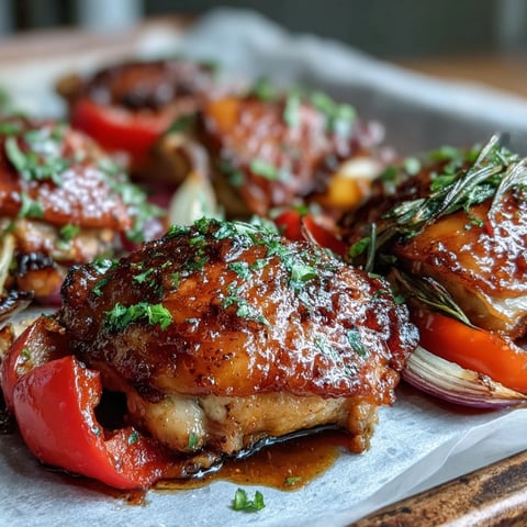 Freshly roasted Sheet Pan Honey Garlic Chicken thighs with charred bell peppers, red onion, and warm garlic naan ready to serve.