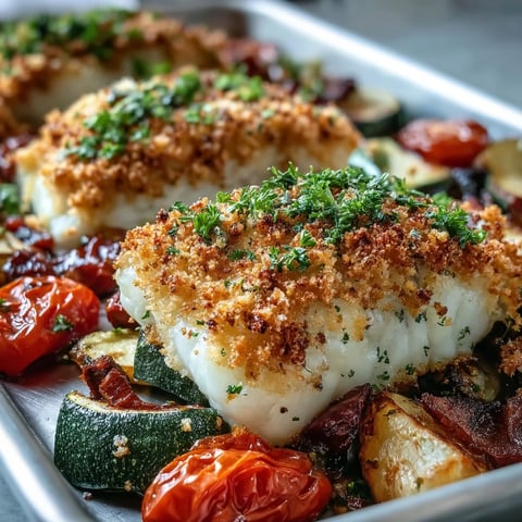 Crispy Parmesan Crusted Sheet Pan Fish & Veg with roasted cod, colorful bell peppers, and cherry tomatoes on a sheet pan.