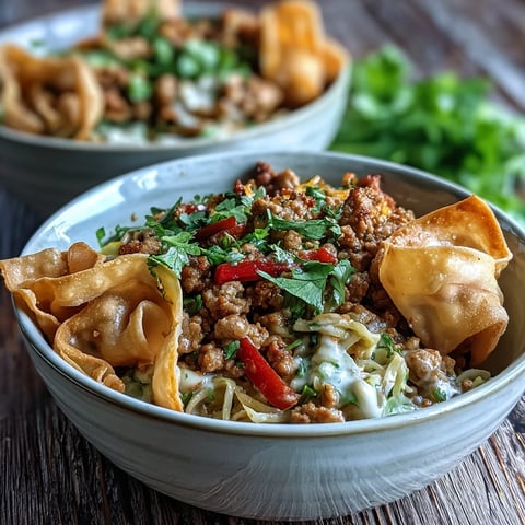 Ranch Turkey & Veggie Egg Roll Bowls topped with crispy wonton strips, fresh green onions, and cilantro.