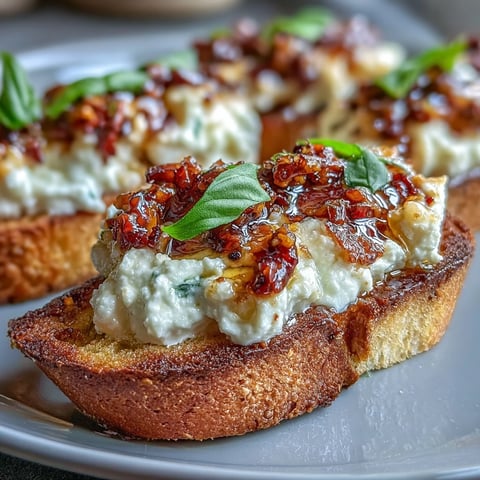 Crisp, golden baguette slices are topped with creamy whipped ricotta, spicy hot honey, and crunchy chili garnish. A close-up of Hot Honey Ricotta Bruschetta highlights an easy, crowd-pleasing Italian-American appetizer.