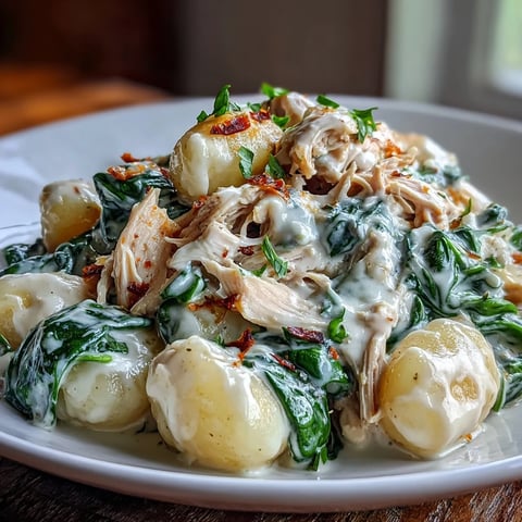 Creamy Spinach & Parmesan Gnocchi with Chicken served in a skillet with a rich, velvety garlic sauce.
