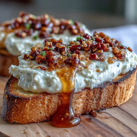 Golden, crispy baguette slices are spread with creamy whipped ricotta, drizzled with spicy hot honey, and topped with crunchy chili for a vibrant Hot Honey Ricotta Bruschetta.