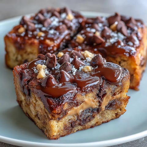 A close-up of High-Protein Peanut Butter & Chocolate Baked French Toast, showcasing a moist, fudgy texture and melted chocolate chips on top, ready to serve.