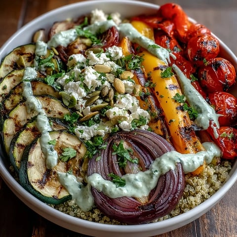 Fluffy quinoa topped with smoky, charred vegetables and a creamy tahini drizzle for a vibrant bowl.
