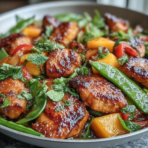 A vibrant mango turmeric chicken stir-fry with colorful peppers, snap peas, and juicy mango chunks.  