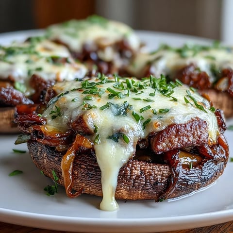 Keto Philly Cheesesteak Stuffed Portobello Mushrooms with juicy steak, peppers, and melted cheese baked to perfection.
