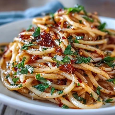 Spicy Calabrian chili pasta in a vibrant red chili oil sauce with fresh parsley and grated cheese.  