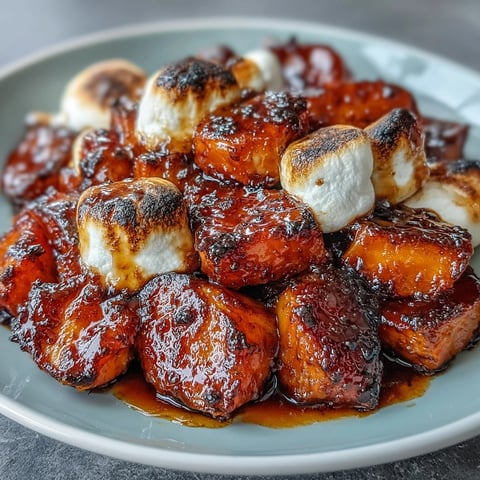 Golden candied yams topped with toasted marshmallows and a buttery vanilla glaze, perfect for holiday dinners.