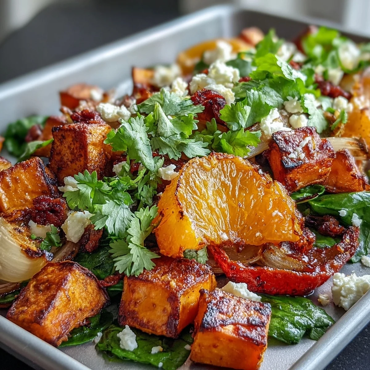 Sweet Potato and Orange Sheet Pan Breakfast Hash with roasted vegetables and citrus segments for a colorful, healthy morning meal.  