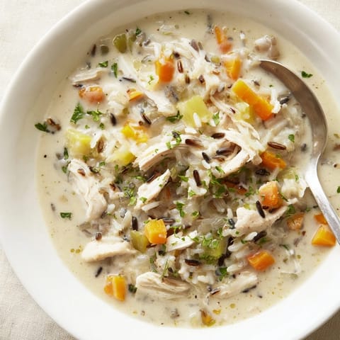 A bowl of creamy chicken and wild rice soup garnished with fresh parsley.  