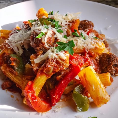 A close-up of baked Rigatoni with Sausage & Peppers, showing the perfectly browned cheese topping.