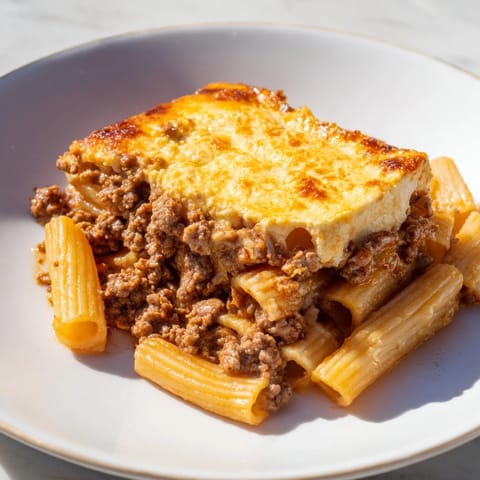 A creamy, decadent bite of Greek Pastitsio: perfectly layered pasta, meat sauce, and béchamel.