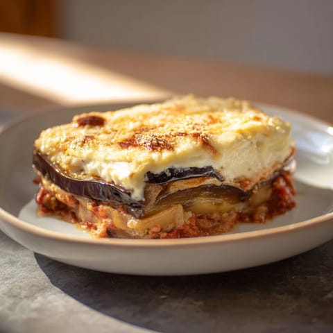 A close-up of freshly baked moussaka, showcasing the tender eggplant and rich beef filling.