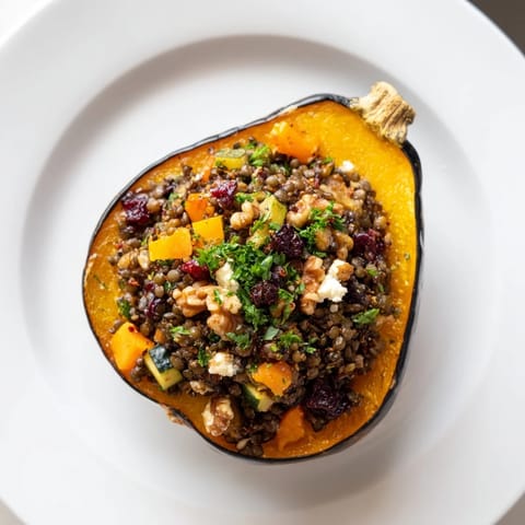 A close-up of baked Lentil & Walnut Stuffed Acorn Squash, showcasing its hearty, inviting filling.