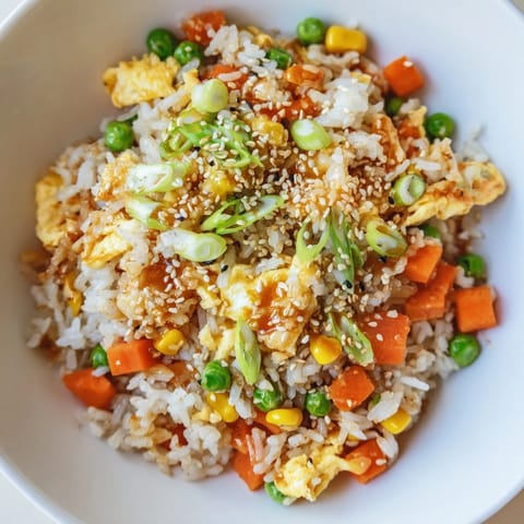 Golden fried rice with vegetables and egg, a quick, easy, and healthy meal option.