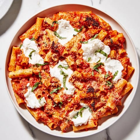 Golden-brown mozzarella blankets the cooked one-pan baked ziti, a satisfying Italian-American comfort food dish.