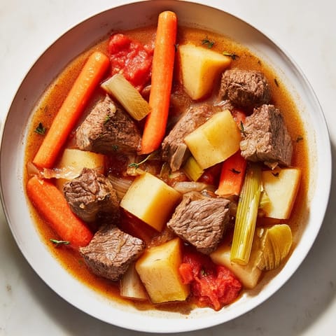 Close-up of bubbling Instant Pot Beef Stew with chunky carrots and potatoes, perfect for a cold day.
