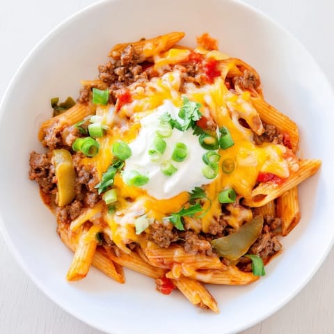 This Easy Beef Enchilada Pasta is a comforting bowlful, topped with fresh cilantro.