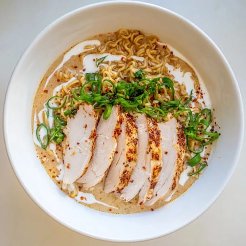 A rich, creamy garlic broth blankets the fiery chicken ramen with perfectly cooked noodles and tender chicken.