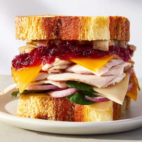 This Budget Christmas Sandwich on brioche offers a delicious taste of holiday flavors, nicely toasted.