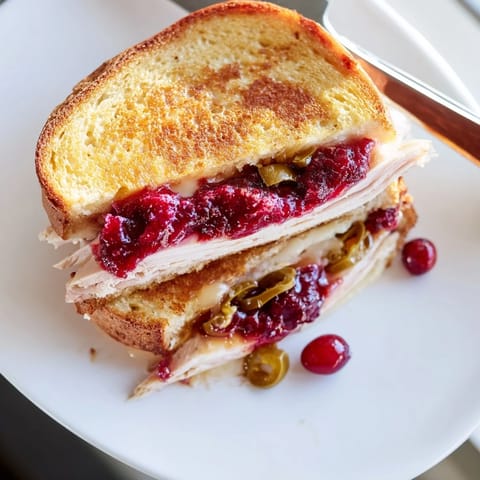 A close-up of delicious Air Fryer Jalapeño Cranberry Turkey Grilled Cheese, showcasing the spicy, sweet, and savory elements.