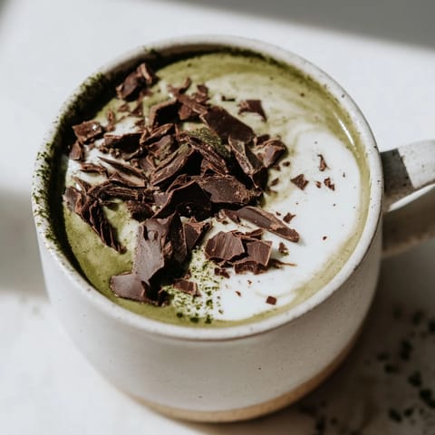 Rich, dark Matcha Hot Cocoa Protein Mug topped with whipped cream and chocolate shavings; a cozy treat.