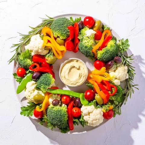 Freshly assembled Garland Veggie Wreath: a visually stunning, healthy appetizer perfect for holiday tables.