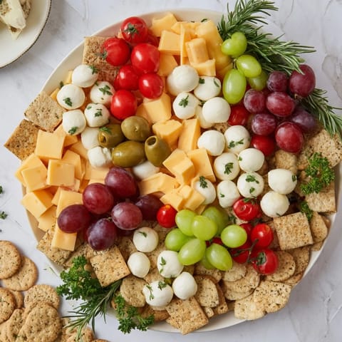 Appetizing Jingle Bell Cheese & Cracker Wreath, showcasing an array of crackers encircled by fresh cheese and garnishes.