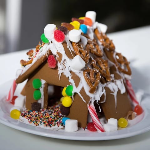 Close-up shot shows a gingerbread house decorating kit with colorful candies and fresh royal icing.
