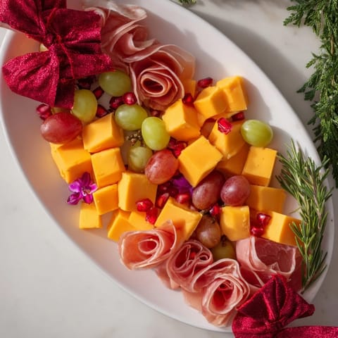 A beautiful close-up of the Holiday Bow Appetizer Platter showcasing the vibrant fruit and cured meats.