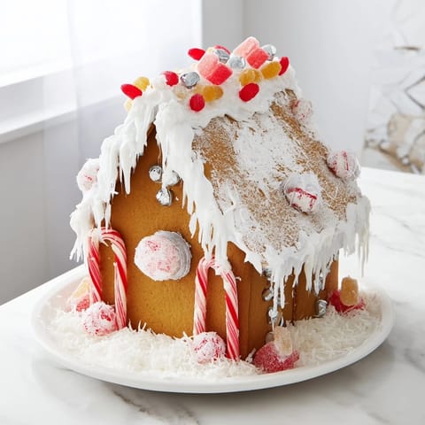 A beautifully decorated gingerbread house, ready to eat, with glistening royal icing and candy accents.