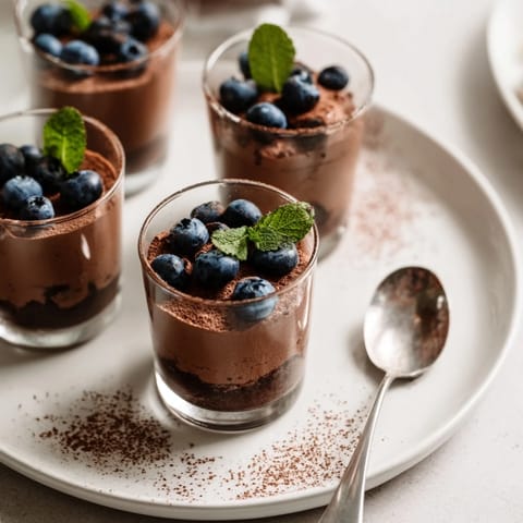 Elegant individual shot glasses brimming with smooth, airy chocolate mousse, a perfect dessert.