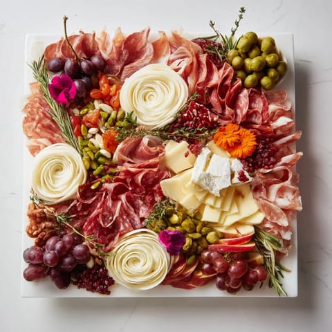 The Advanced Artisan Array appetizer features carefully arranged meats, cheeses, and garnishes for serving guests.