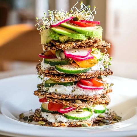 A visually stunning Gluten-Free Gourmet Tower, with toasted bread and gluten-free crackers, a delightful appetizer.