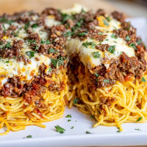 A close-up of cheesy, meaty Tinis Baked Spaghetti, showcasing the textures of the creamy sauce and pasta.