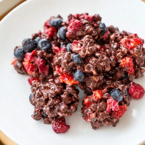 A close-up of delicious chocolate yogurt clusters showcasing fresh, colorful berries within the creamy yogurt.