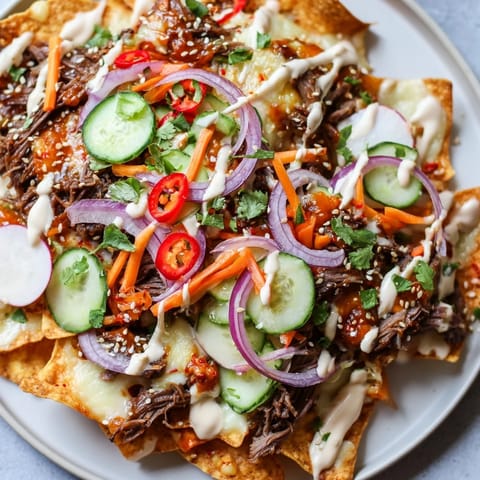 Golden, bubbly Korean BBQ Nachos piled high with delicious toppings, ready for serving and enjoying.