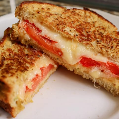 Two halves of a homemade Pepper Jack & Tomato Grilled Cheese served with a steaming bowl of creamy tomato soup.  