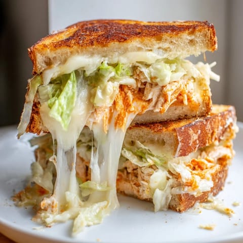 A close-up of a Buffalo Chicken Caesar Grilled Cheese sandwich shows golden-brown bread and gooey, spicy filling.  