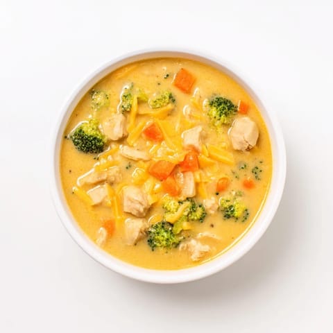 Homemade Chicken Broccoli Cheddar Soup served in a rustic mug, topped with extra melted cheddar.  