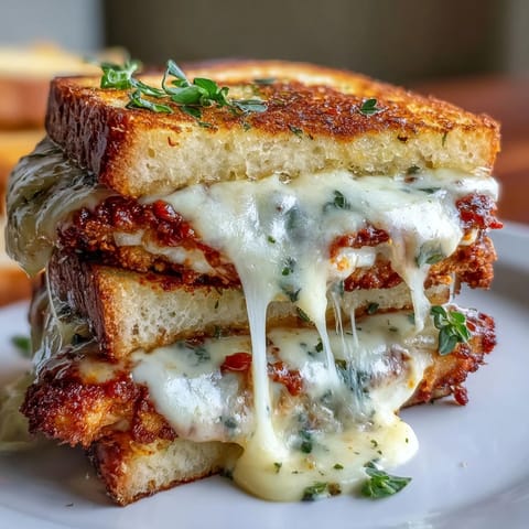 Fork showing melted mozzarella and red marinara on a Chicken Parm Grilled Cheese, paired with chips and a salad.