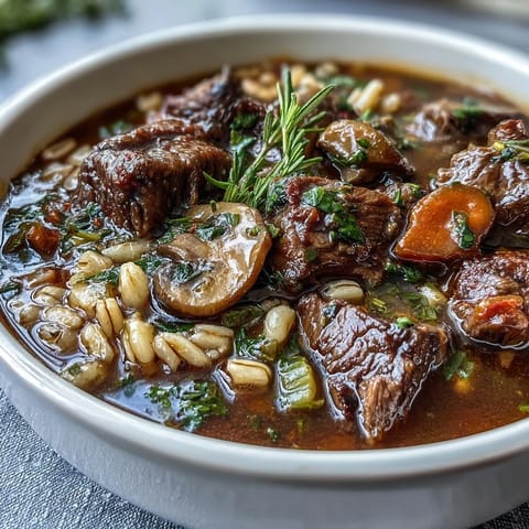 Tender beef and sautéed mushrooms swim in a rich, golden broth with chewy barley in this hearty soup.