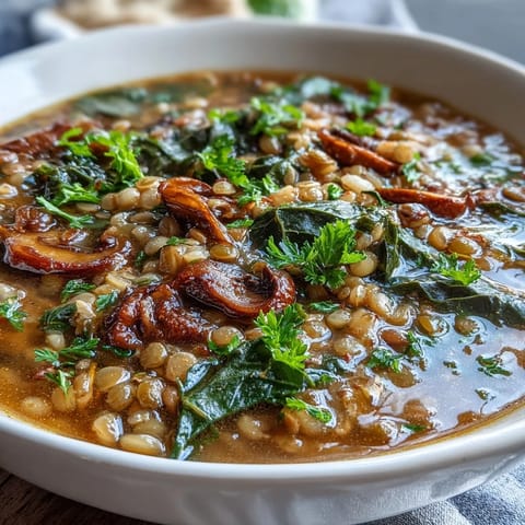 Steaming bowls of Double Lentil and Mushroom Barley Soup sit next to fresh parsley and crusty bread.