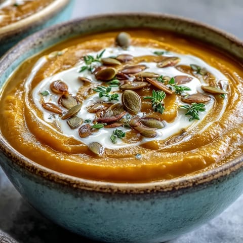 Golden bowls of creamy Roasted Butternut Squash Soup garnished with toasted pumpkin seeds and fresh thyme, steaming warmly. 